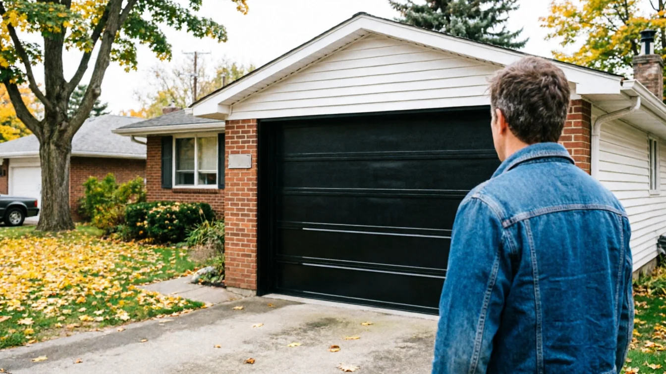A technician in a denim jacket stands facing a black garage door on a brick house.