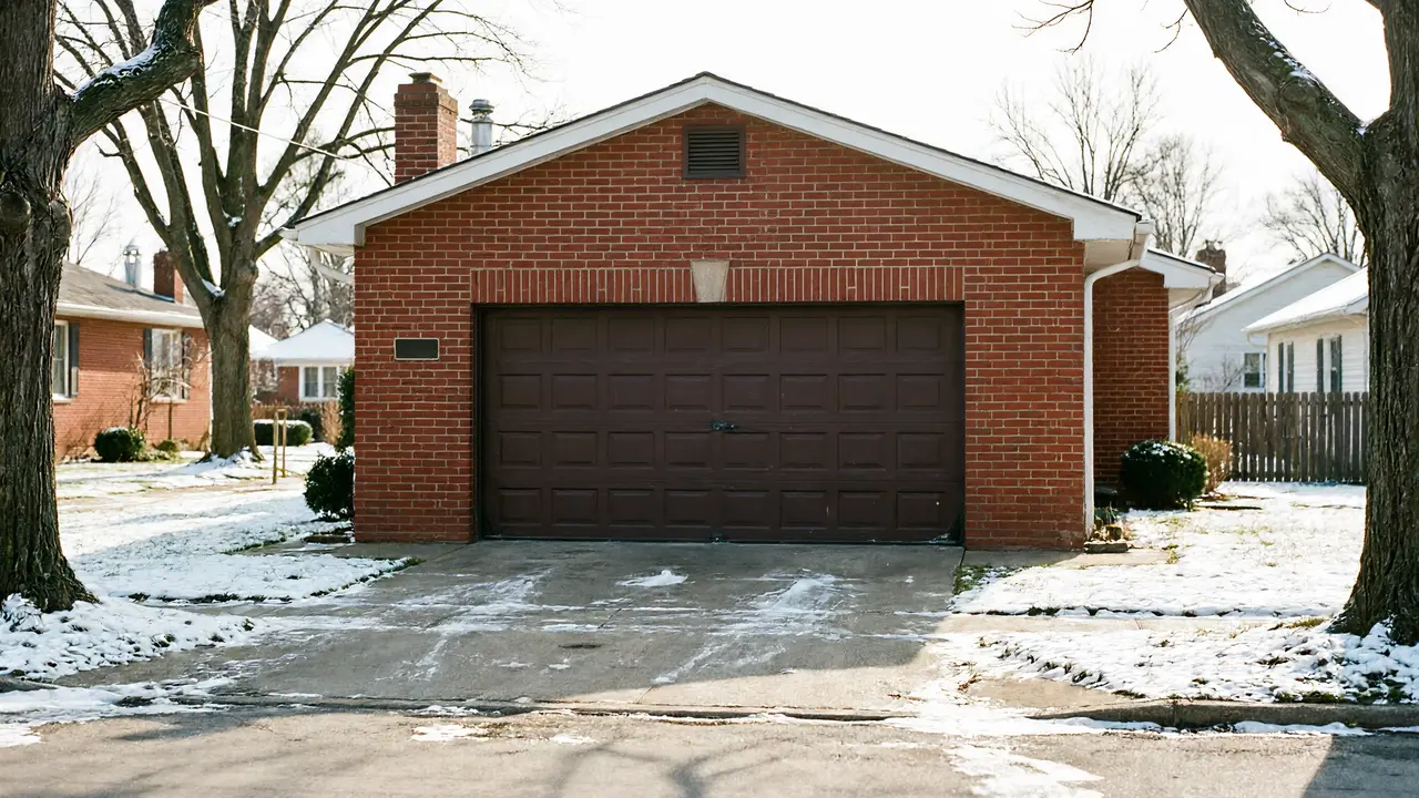 Installer checking a cream carriage-style garage door with a level under an arched opening