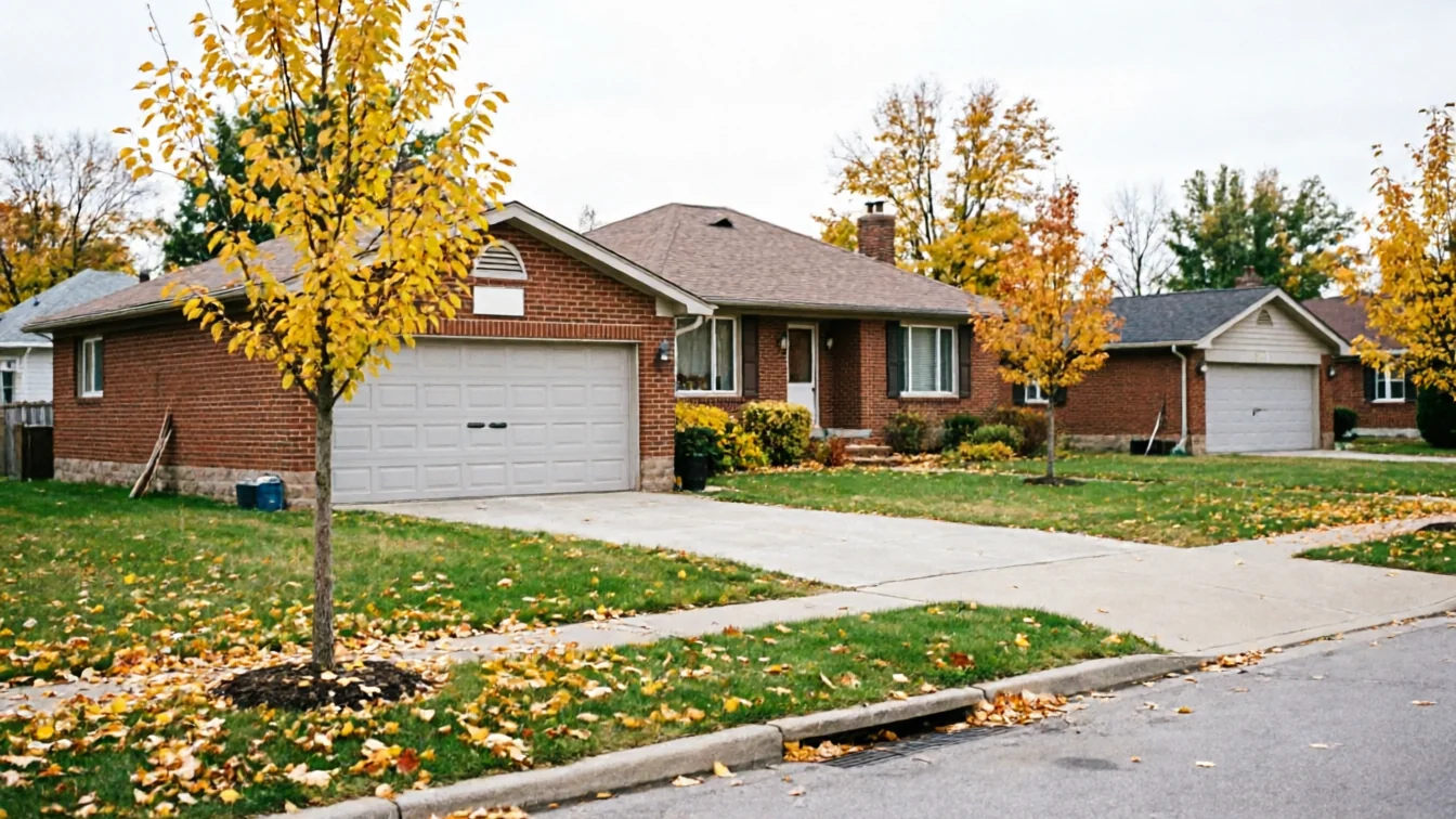 A brick house with a white garage door and yellow trees in autumn.