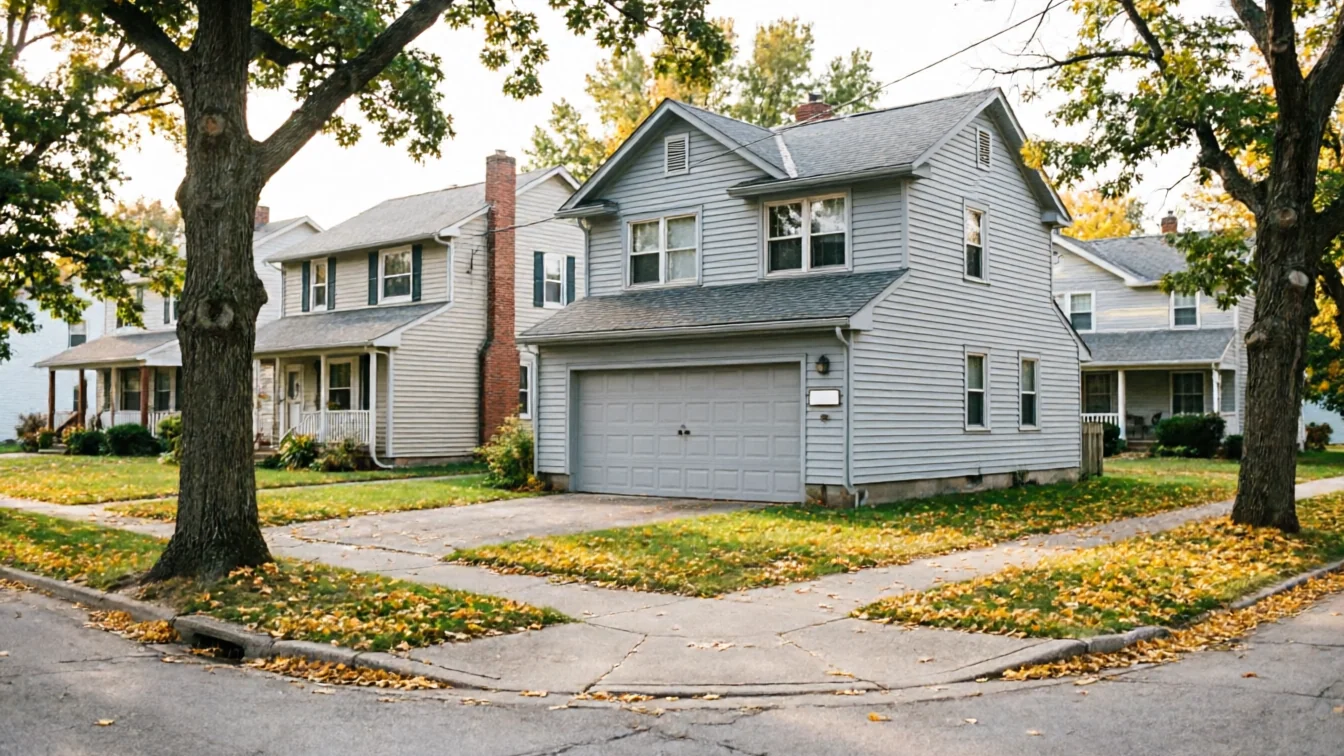 A gray house with a gray garage door stands on a corner lot.