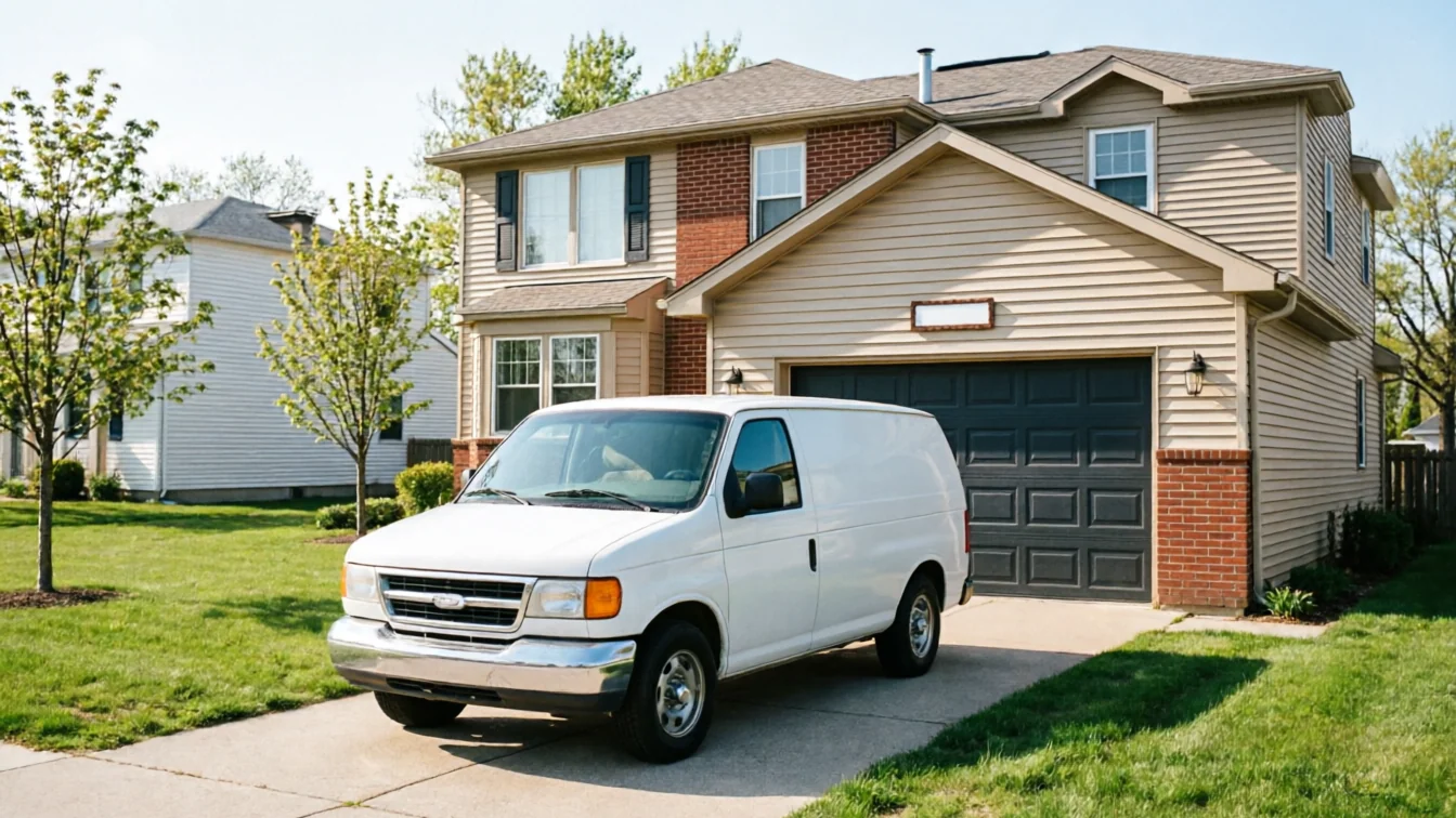 A white van is parked in the driveway of a two-story house with a dark garage door.