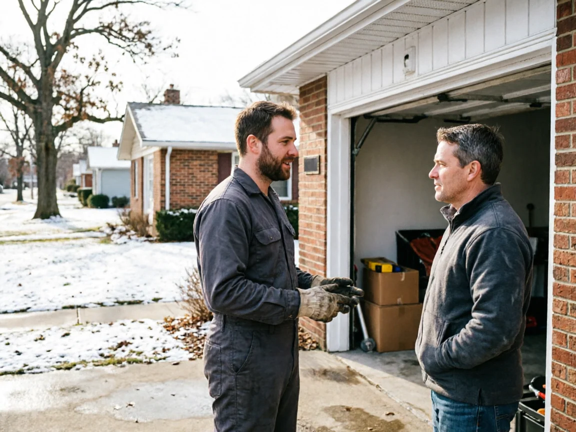 A technician in a jumpsuit talks to a man in front of an open garage.