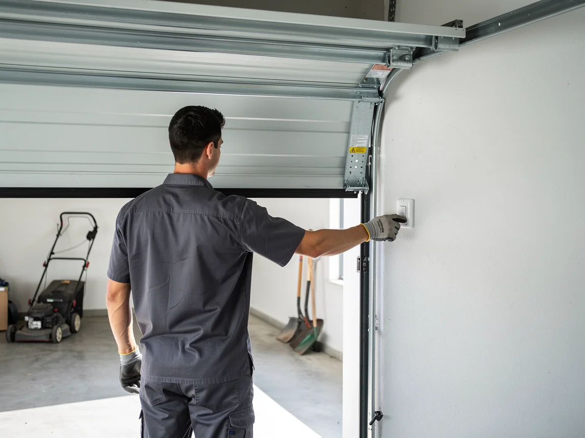 A technician in a gray uniform presses a white garage door opener button.