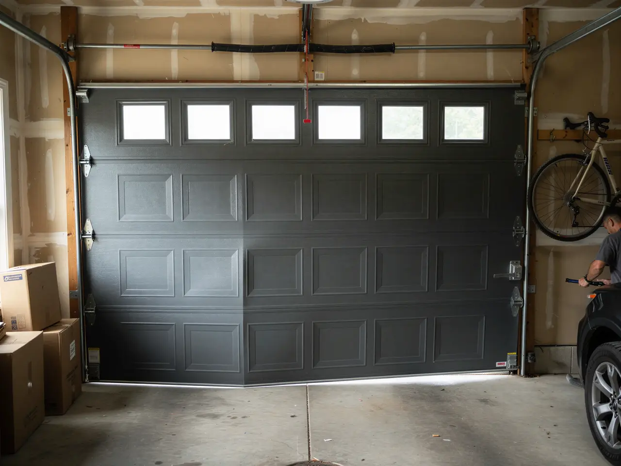 A dark gray garage door with windows is partially open in a garage.
