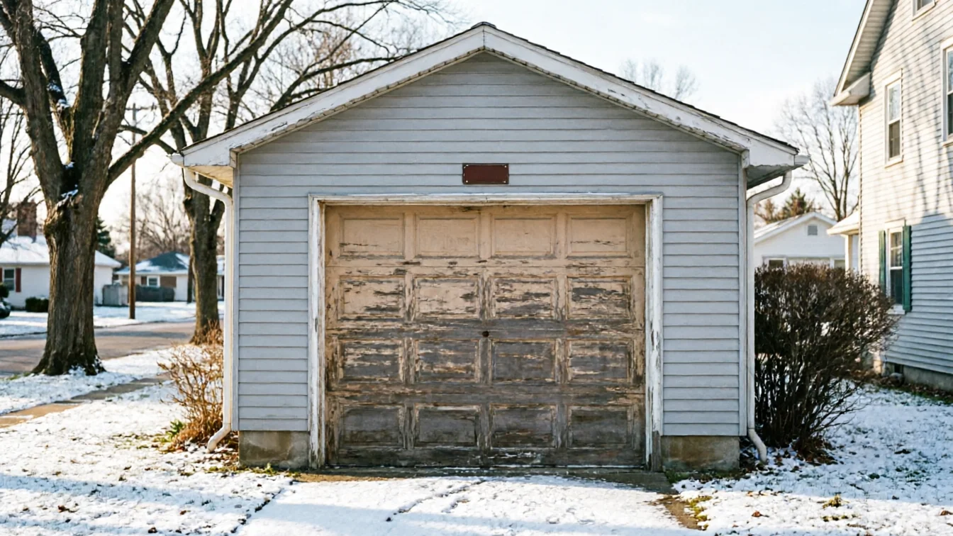 A detached garage with peeling paint on the garage door and light snow on the ground.