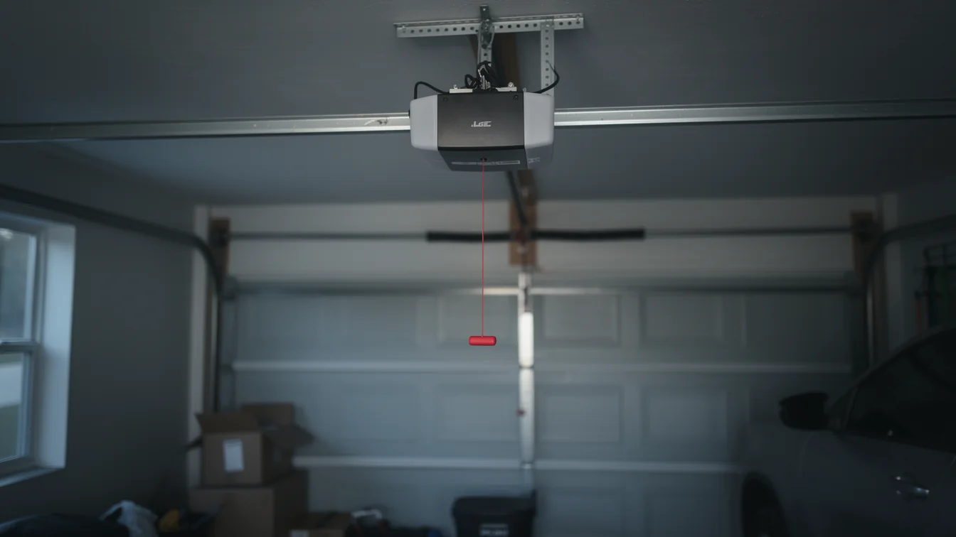 The garage door opener hangs from the ceiling with a red emergency release cord.
